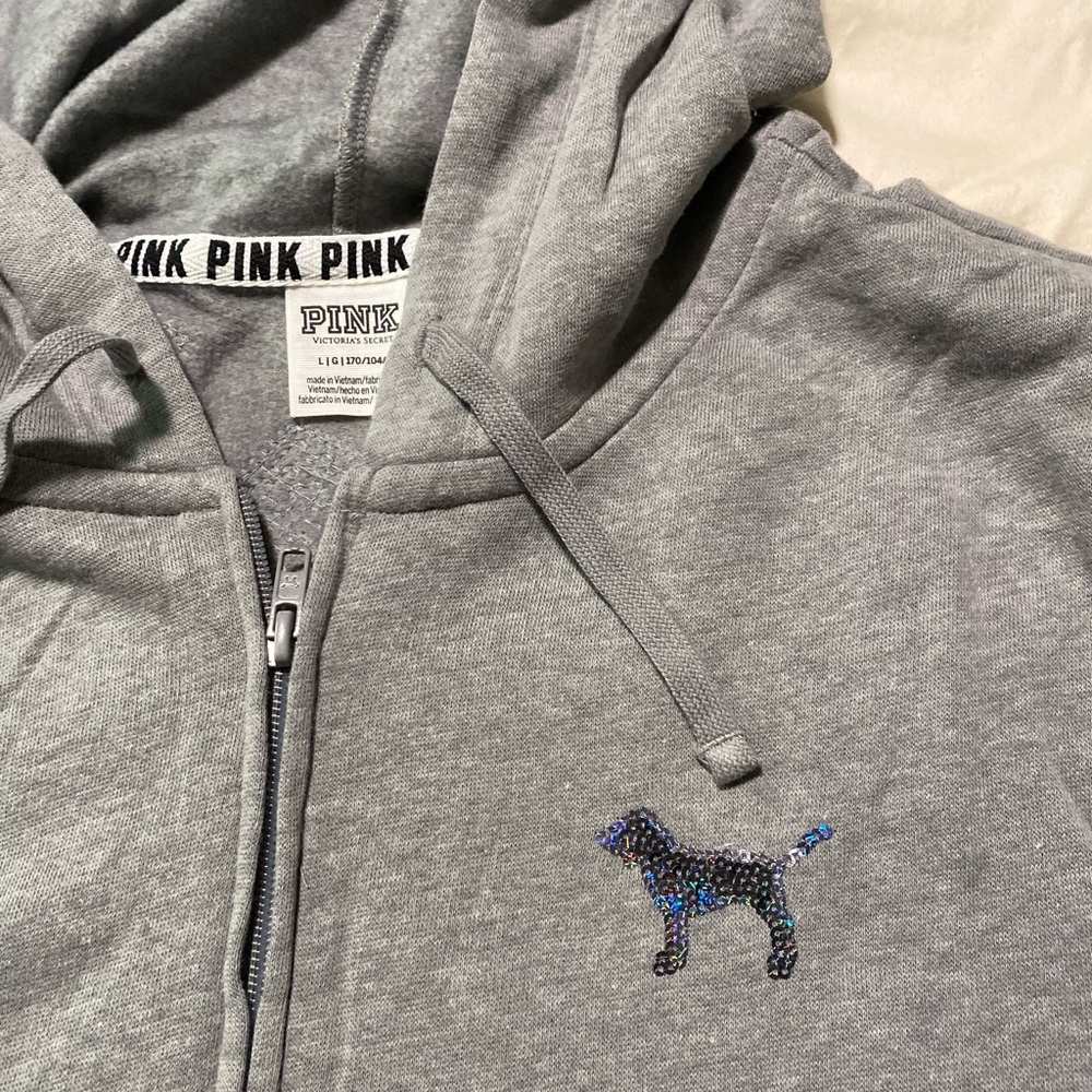 PINK Victoria's Secret Gray Hoodie with Blue/Purple Sequin Logo - Picture 4 of 5
